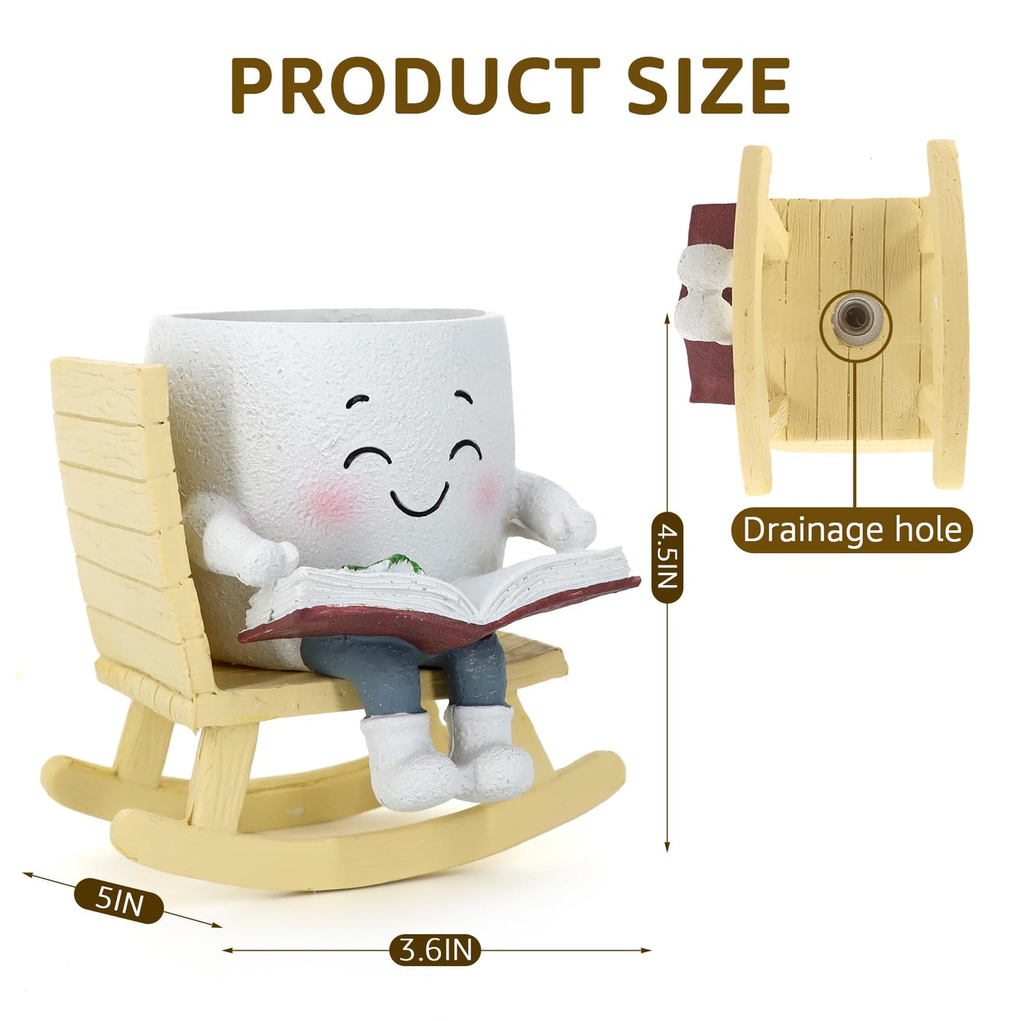 Smiley Face Planter Pot, Cute Resin Head Planter with Drainage Hole, Unique Rocking Chair Succulent Pot for Indoor Outdoor Plants, Funny Plant Lovers Gift for Mother's Day and Christmas (Side-Sitting)