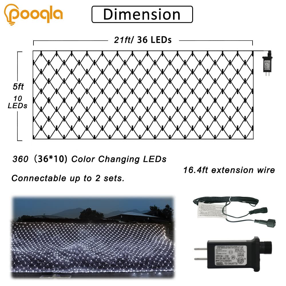 Cool White Net Lights, 360 LED Outdoor Christmas Net String Lights, 21 ft x 5 ft Large Net Mesh String Lights, 8 Modes Twinkle Lights Connectable Plug in for Bushes Christmas Yard Garden Party Decor