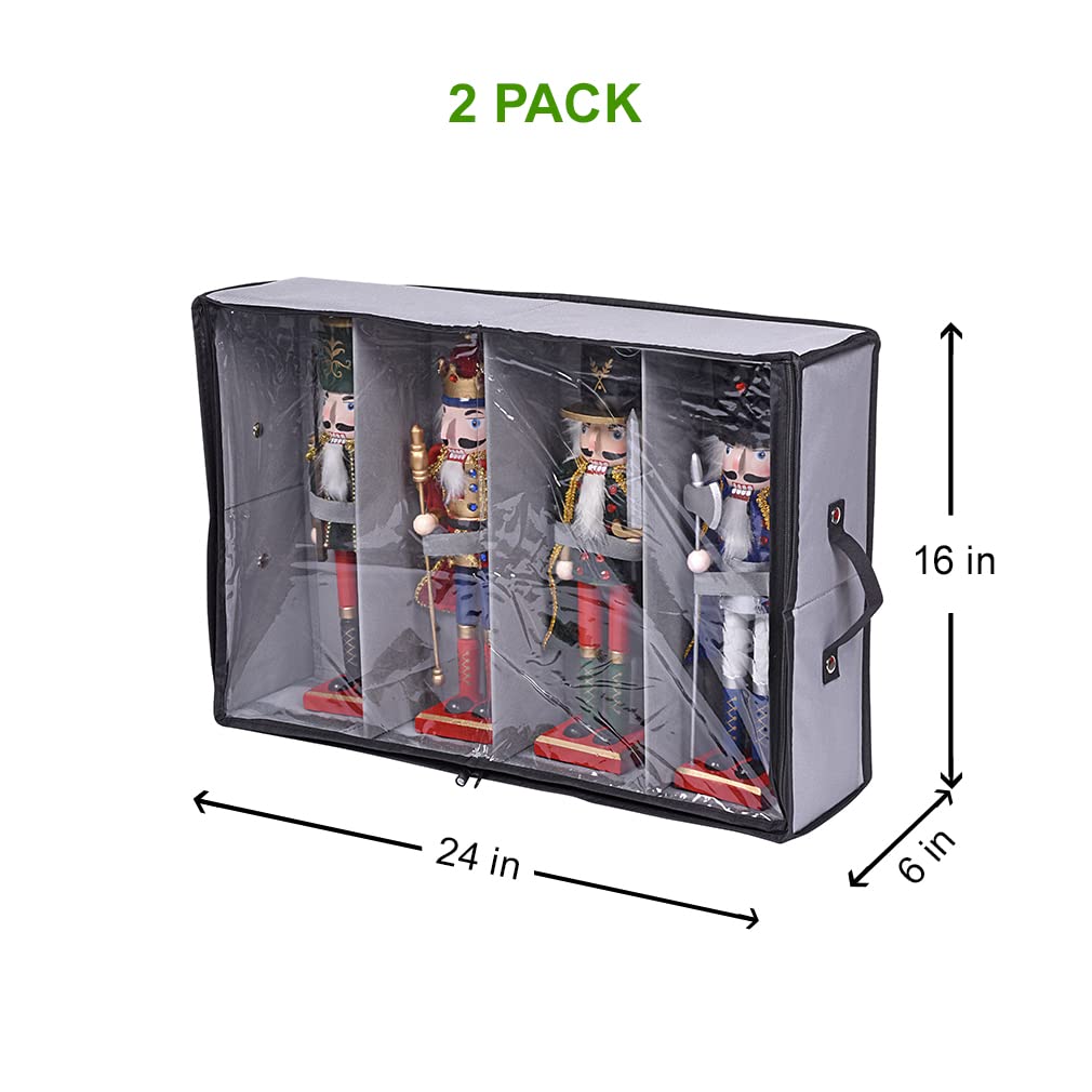 ProPik 2 Pack Christmas Figures Storage Box | Each Holds 4 Holiday Figurines up to 16” | Adjustable Nutcracker Decor Ornament Storage Container | Xmas Decorations Accessories Boxes (Gray)