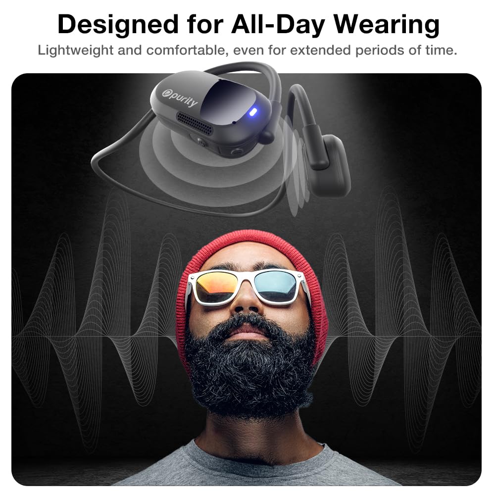 Purity Air Open Ear Headphones - True Air Conduction Wireless Bluetooth Open Ear Earbuds with Dual Mic for iPhone/Android - Secured Long Wearing Comfort, Sports Sweat Resistant (Black/Black)