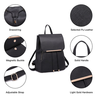Miss Lulu Backpack Womens Fashion Backpacks Black Backpack Ladies PU Leather Waterproof Daypack Medium School Work Travel