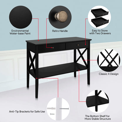 ChooChoo Console Table with Drawers, Narrow Wood Accent Sofa Table Entryway Table with Storage Shelf for Entryway, Front Hall, Hallway, Living Room, Black