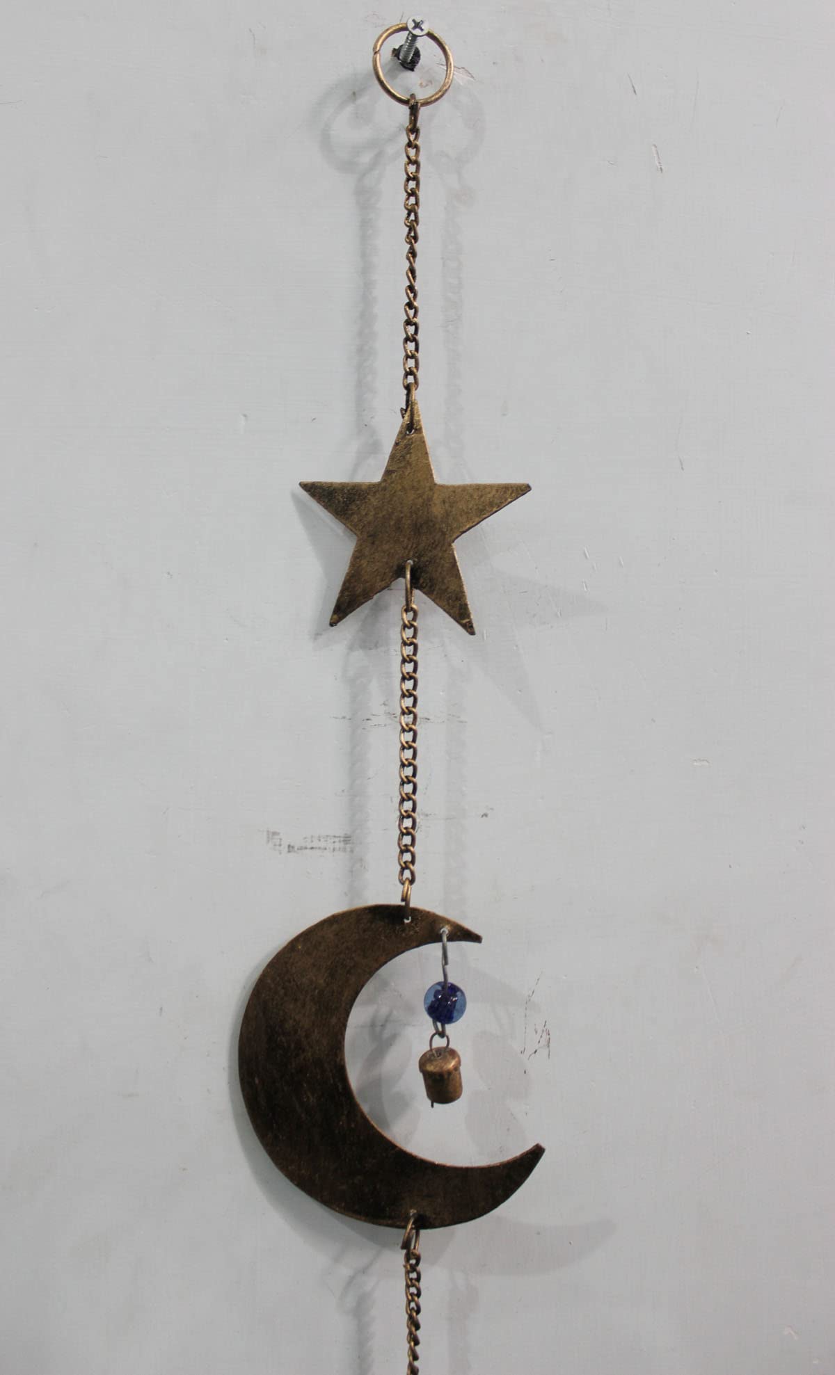 43 Inch Metal Sun Moon Star Wind Chime – Antique Bronze Celestial Wall Hanging with Bells – Handcrafted Boho Home & Garden Decor for Balcony, Patio, Porch, Entryway.