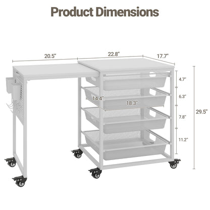 Rolling Craft Storage Cart with Wheels & Mesh Drawers, Extendable Craft Table with Pegboard Organizer, Muti-Functional Work Table for Sewing, Arts and Crafts, Scrapbooking Storage,3D Printers (White)