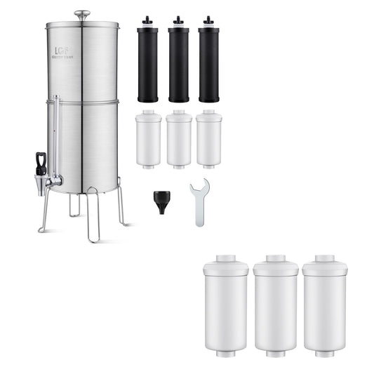 LCF Upgrade 3 Gallon Gravity-fed Water Filter System with 𝐒𝐢𝐥𝐯𝐞𝐫 𝐈𝐨𝐧𝐬 Enhanced Filtration - Reduces Fluoride & Up to 99% Chlorine - Includes 6 Filters, Metal Wat + 3 LCF Fluoride Filters