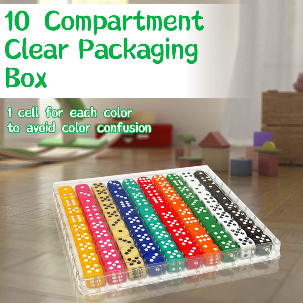 SLSESIN 100 Pieces 16MM Dice Set, 6 Sided Standard Colored Dices with Portable Plastic Box, Opaque 10 Colors Games Dice for Board Games, Parties, Classroom Math Bulk Dice