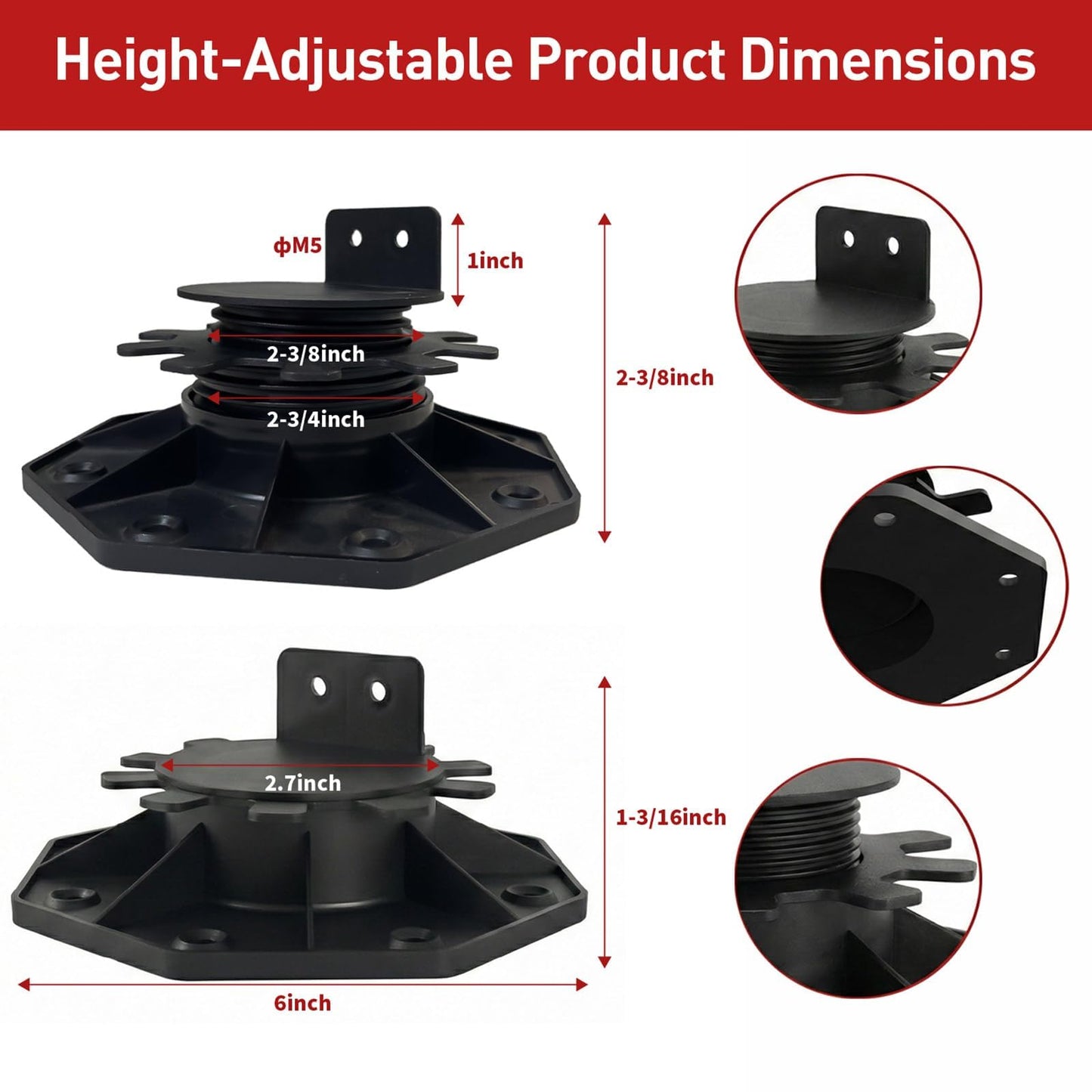 50-Pack Black Shed Base, Deck Blocks Foundation Base Support, Height Adjustment Range from 1-3/16" to 2-3/8", Adjustable Deck Support for Deck Floor Platform Joist Beam Support