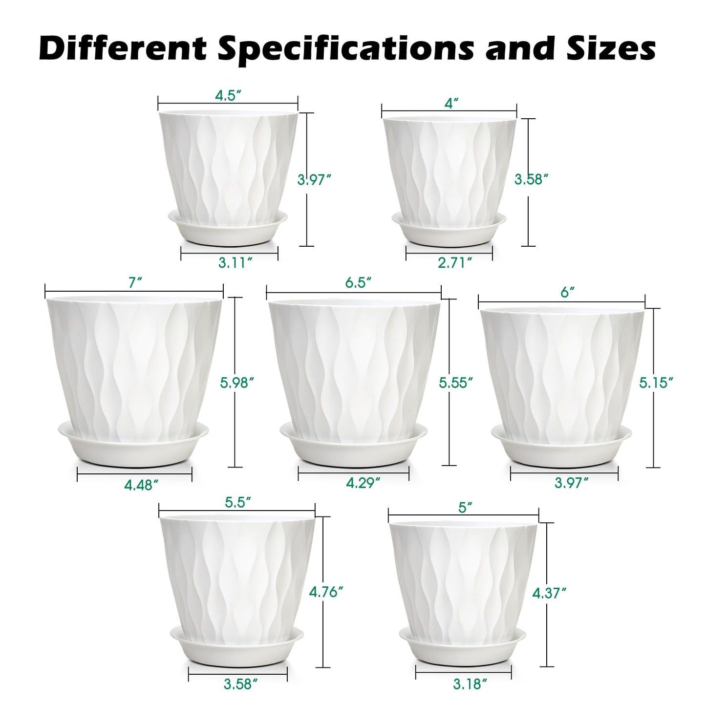 GARDIFE 7/6.5/6/5.5/5/4.5/4 inch Plant Pots, 7 Pack Flower Pots Indoor Outdoor, Planters with Drainage Holes and Tray Saucers (White)