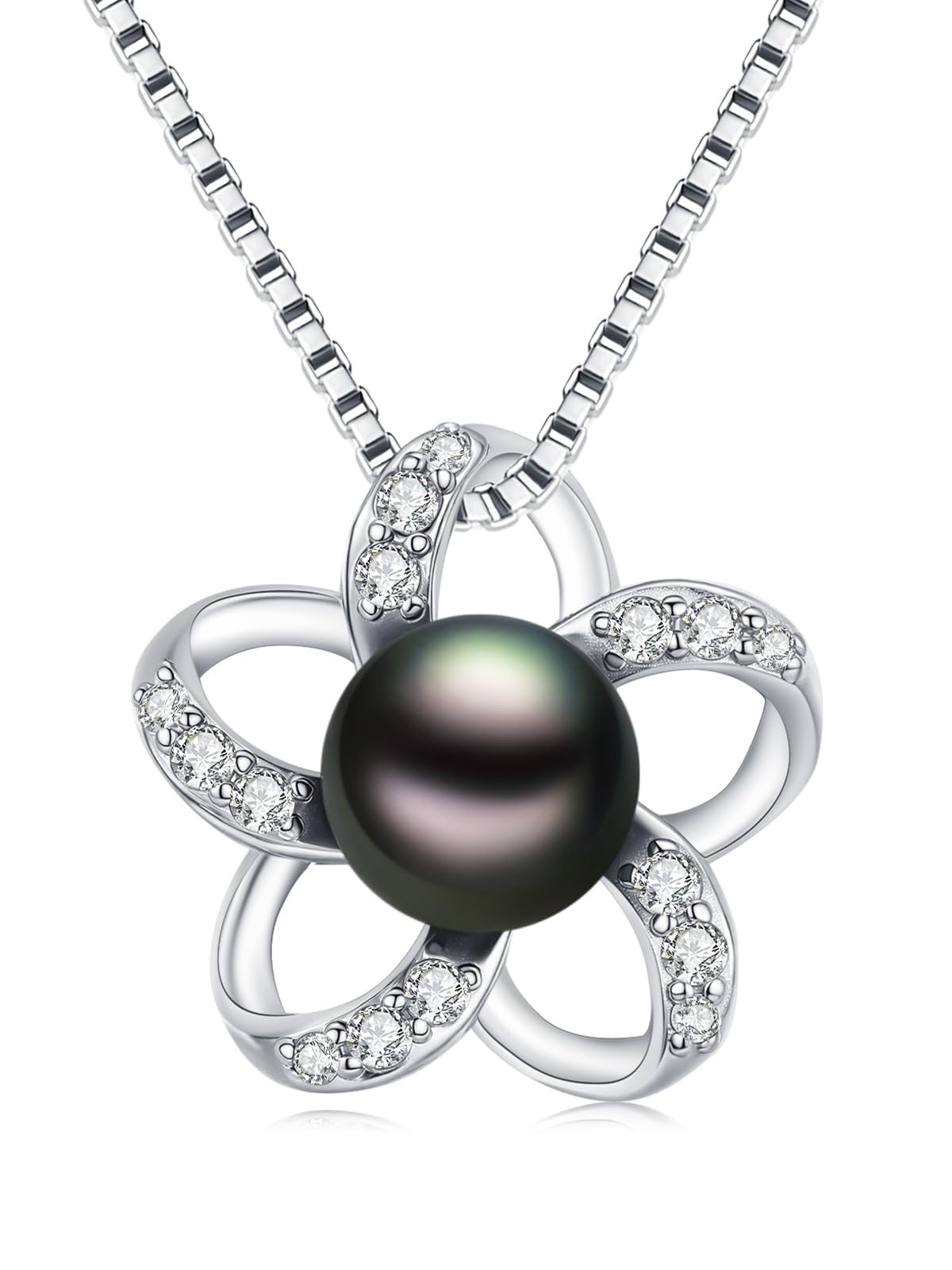KANNSOAR Tahitian Black Pearl Necklace for Women 18K White Gold Plated Sterling Silver Pentagram Pendant Necklace Tahitian Black Pearl Gifts for Wedding Anniversary Graduation Birthday