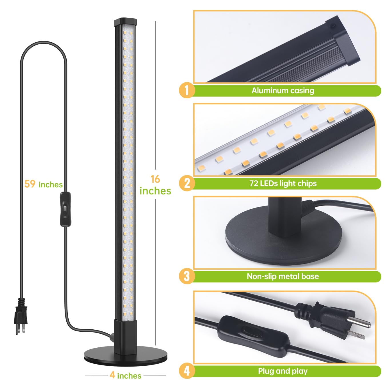 SpeePlant Vertical Grow Light, 72 LEDs Full Spectrum Light Bar, 5000K Wide Illumination Area Desk Light,1.4FT Stand Plant Lamp for Tall Houseplants, Tropical Plants, Foliage with On/Off Switch