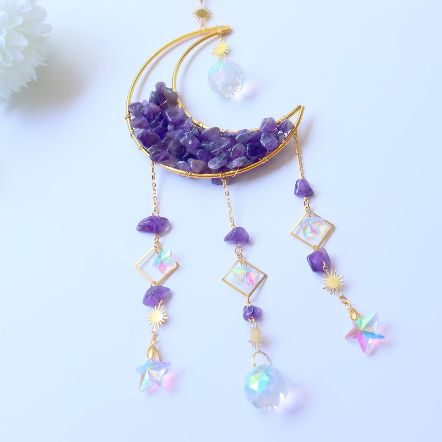 Amethyst Crystals Suncatcher - Hanging Moon Sun Catcher with Glass Prisms for Windows, Healing Amethyst Crystal Decor for Home, Gift for Christmas Birthday Valentine Mothers Day