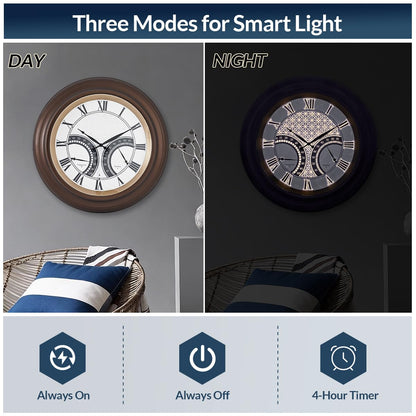 ANDY STAR 24 Inch Outdoor Clocks Waterproof,Large Outdoor Wall Clocks for Patio with Thermometer Combo, Silent Weatherproof Illuminated Metal Clock Battery Operated with Thermometer&Hygrometer, Bronze