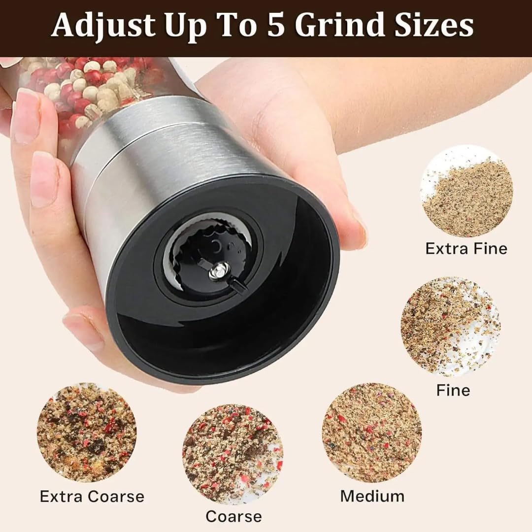 Salt and Pepper Grinder Set of 2 – Refillable Salt Grinder & Pepper Grinder Manual, Adjustable Ceramic Grinder, Glass Pepper Mill Grinder