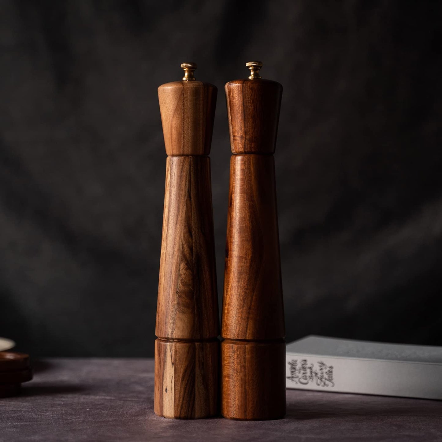 DeroTeno Salt and Pepper Grinder Set with Tray, Adjustable Ceramic Grinder Salt Mill, Stainless Steel Grinder Pepper Mill, Acacia Wood, 32 cm / 12 inch Height, Bottom Dia 6 cm (Tray is Included)