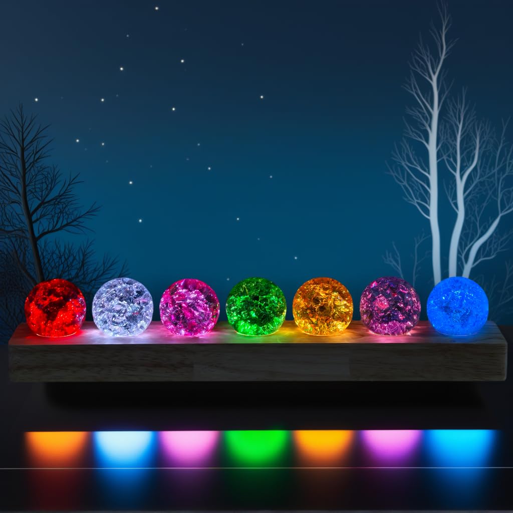 40mm 7 Colors Ice Cracked Glass Crystal Chakra Balls with LED Wooden Base