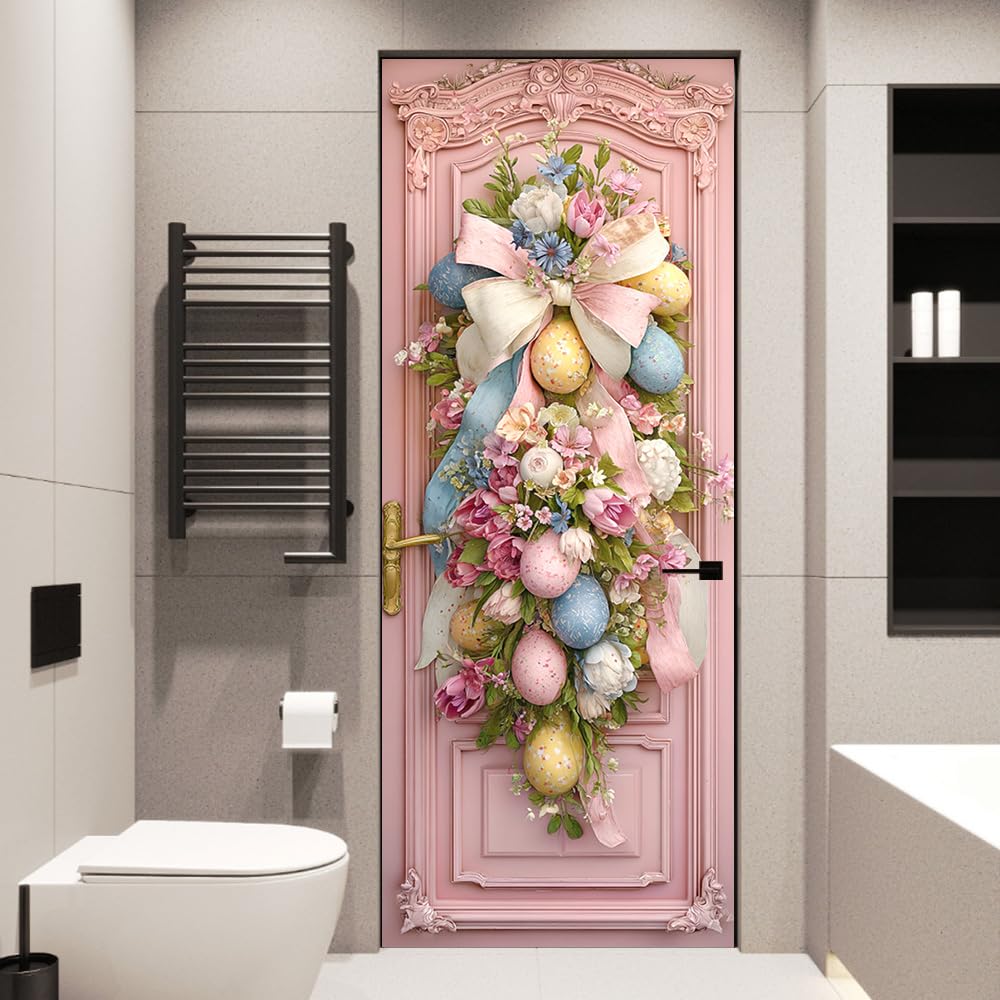 WDESYADMS PVC Self Adhesive Door Sticker 30.3x78.7 Inch Easter Eggs and Floral Bow Design Peel and Stick Decorative Door Decal for Bedroom Living Room Entryway Spring Home Decor