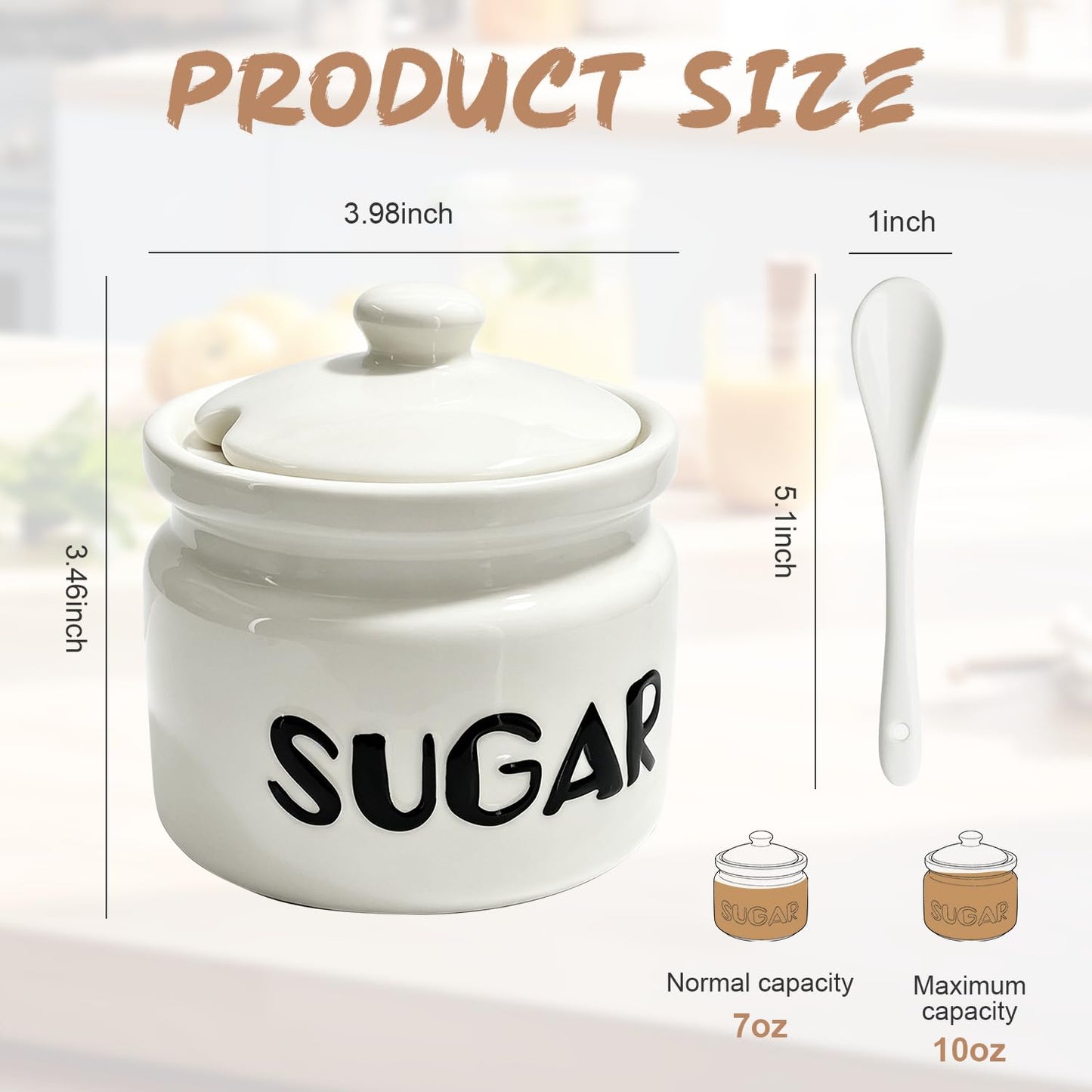 Obantrsz Sugar Bowl with Lid and Spoon, 10oz Ceramic Sugar Container Jar - Modern Farmhouse Style with Black Embossed Lettering for Coffee Bar, Tea Station, Kitchen Countertop & Dining Table Decor