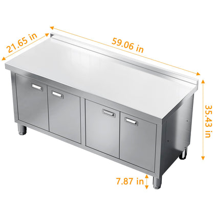 WWK 59" x 21" Stainless Steel Prep Table with Cabinet, Commercial Kitchen Table for Prep & Work, Heavy Duty Work Table with 4 Doors for Kitchen, Restaurant, Hotel, Garage and Cafe