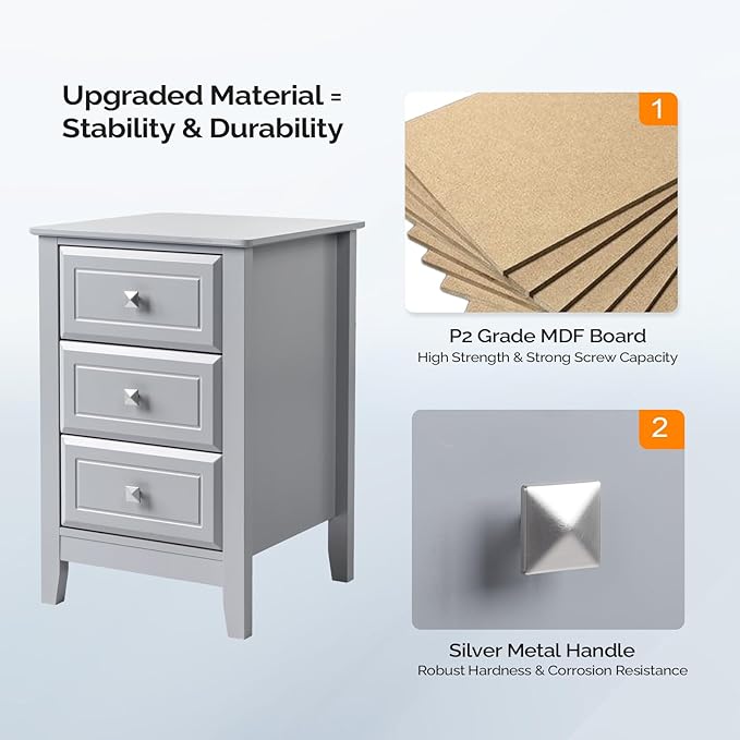 Bonnlo Gray Nightstands Set of 2, 3 Drawer Nightstand, Modern Night Stand