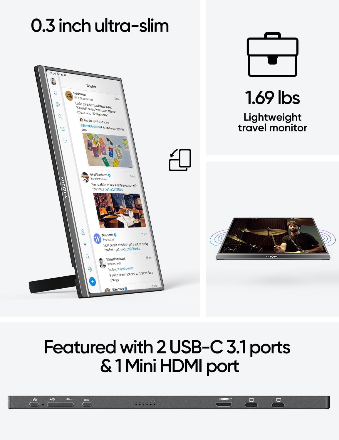 ARZOPA 17.3" Portable Monitor, 1080P FHD 103% sRGB IPS Gaming Monitor Laptop Monitor with Built-in Kickstand HDMI USB C External Screen for PC Mac Phone Xbox PS5 - A1M