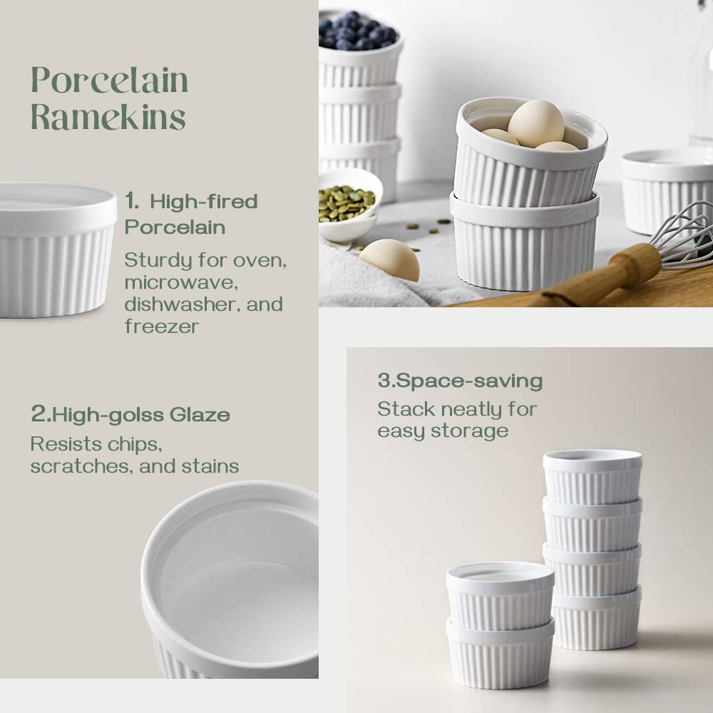 DOWAN Ramekins 10 oz Oven Safe for Creme Brulee, Porcelain Souffle Dishes, Ramekin for Baking, Small Dessert Bowls Dipping Sauce Cups, Set of 6, Soft White