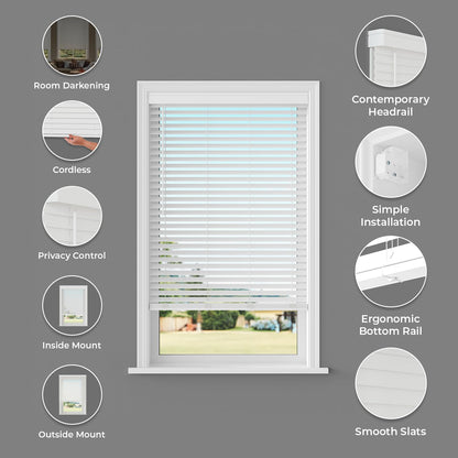2 Inch Cordless Faux Wood Blind with Contemporary Valance - 23" W x 64" L - White, Over 900 Custom Sizes Starting at 19.97, Smooth Room Darkening Slats for Interior Windows by Lumino