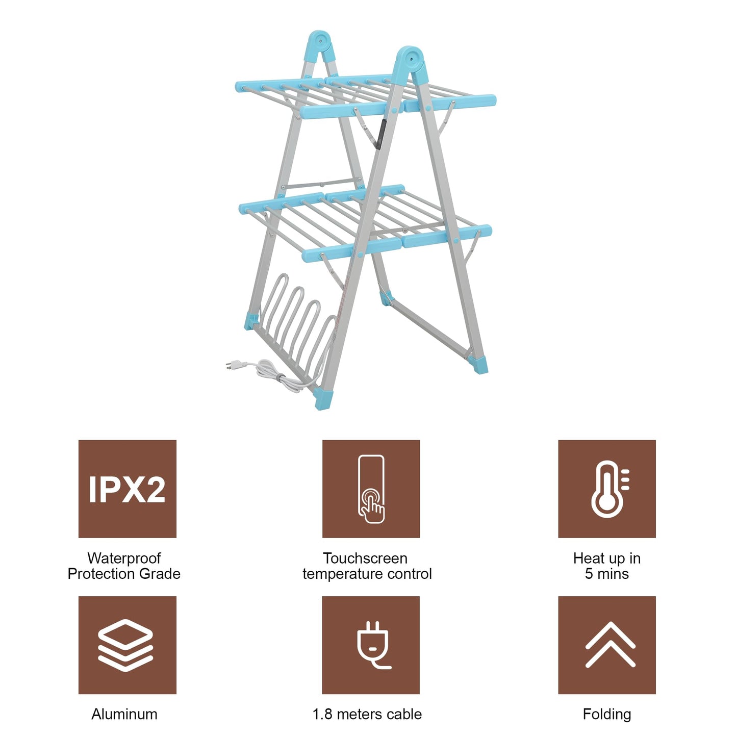 SHARNDY Electric Heated Clothes Drying Rack,Foldable Heated Garment Dryer with Timer Shut-Off Laundry Rack for Clothes Shoes Socks,Aluminum Alloy,Blue,Plug & Play,(39.37x25.98x23.82in)