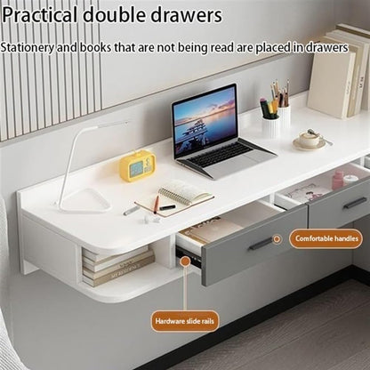 Sxlawesom Wall Mounted Desk, Floating Vanity Makeup Table with Drawer, Space-Saving Wall Organizer Computer Desk for Home Office(White Gray,60x40x25cm)