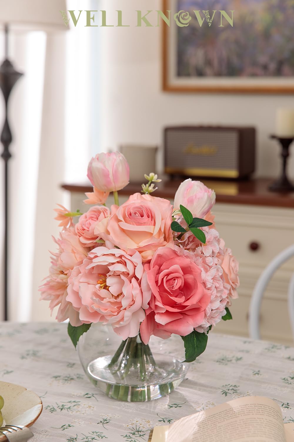 WELL KNOWN Artificial Flowers in Vase with Fake Water, Peach Pink Silk Peony Rose Tulip Spring Flower Bouquet for Home Birthday Party Wedding Dining Table Centerpieces Office Decor Mom's Gift