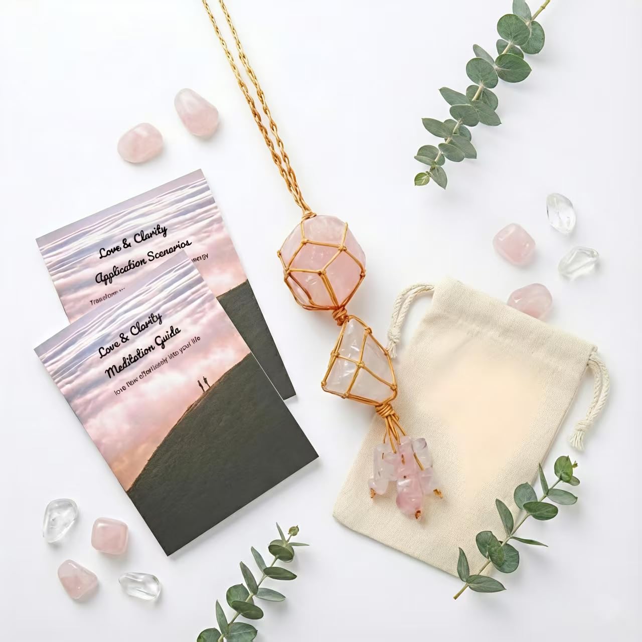 Raw Rose Quartz Car Diffuser Hanging Ornament | Natural Crystal Aromatherapy Charm for Rear View Mirror, Boho Essential Oil Diffuser for Yoga & Home Decor, Spiritual Gift Set for Women