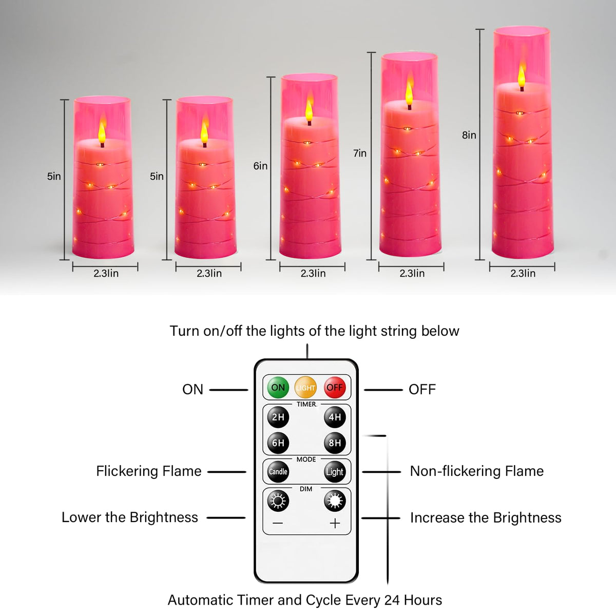 kakoya Flameless LED Candles with Timer 5 Pc Flickering Flameless Candles for Romantic Ambiance and Home Decoration Stable Acrylic Shell,with Embedded Star String，Battery Operated Candles(Pink)