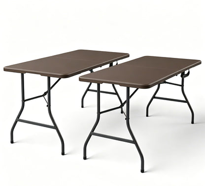 2 Pack 5ft Folding Table, Foldable Picnic Table with Carrying Handle, Heavy Duty Fold-in-Half Portable Table for Weddings, Camping, RV Travel, Parties, and Indoor Use, Easy to Fold and Store, Brown
