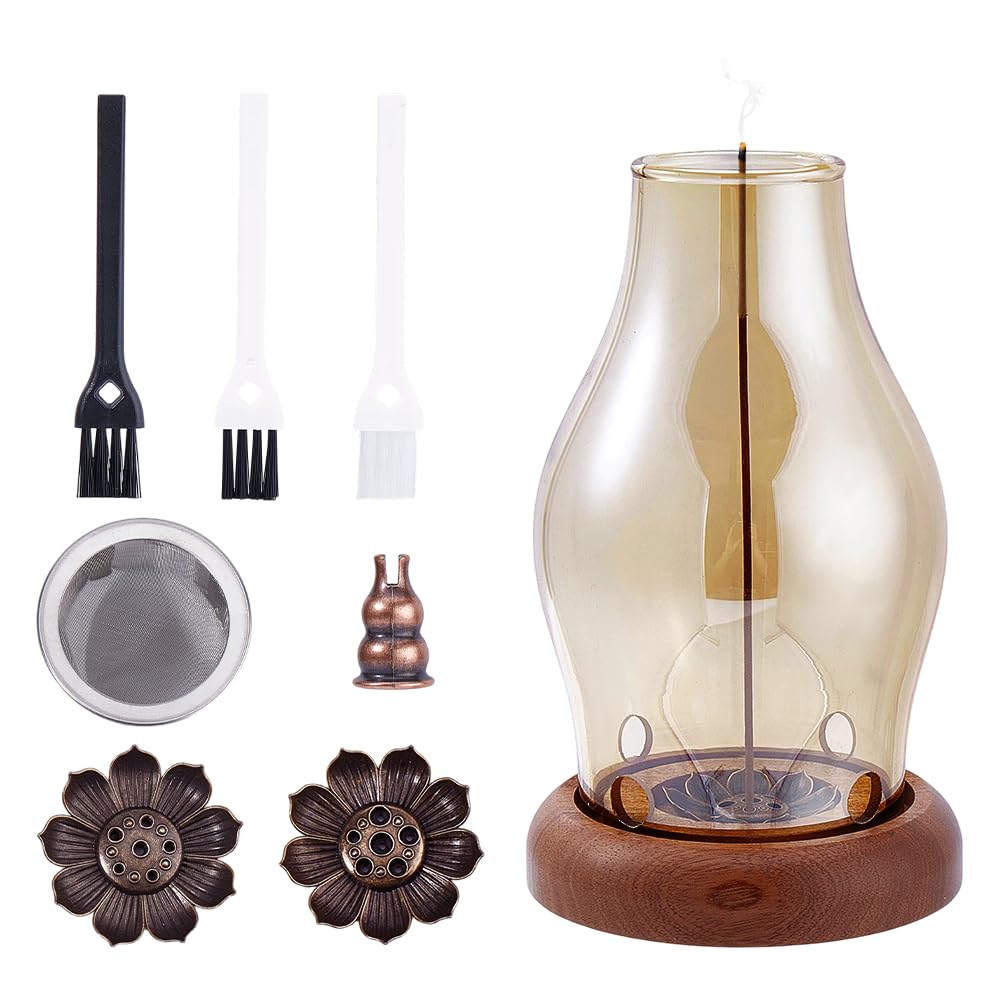 FINGERINSPIRE 1 Set Wood Glass Lotus Candle Holder 2Pcs Lotus Incense Holders 1Pc Gourd Incense Burner Meditation with 3Pcs Ash Brush Votive Stand with 1Pc Hurricane Candle Holder Brown Zen Style