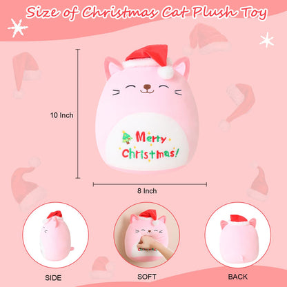 SQEQE Christmas Cat Stuffed Animal Pink Cat Plush Wearing Red Hat Kawaii Plushie Toys Soft Home Plushie Decoration Gifts for Boys Girls (Caticorn, 10 Inch)