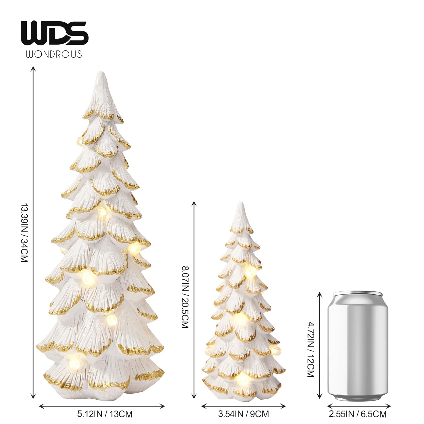 WDS WONDROUS Christmas Tree Figurine Light Up Green, 2Pcs Christmas Trees with Lights, Xmas Tree Figurines for Tabletop Mantel Shelf Fireplace Holiday Decorations for Home and Gift