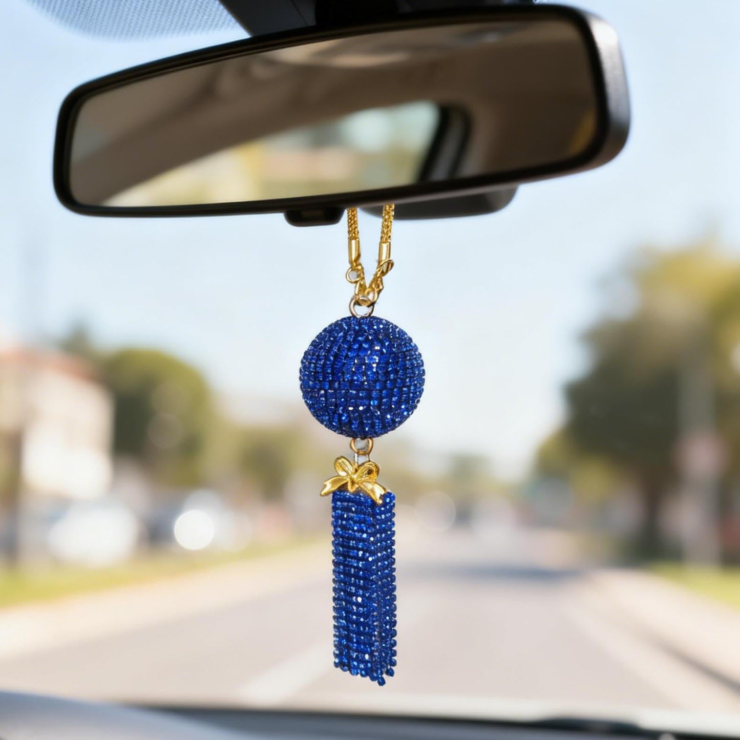 Bling Rear View Mirror Ornament for Women - Sparkling Crystal Ball with Rhinestone Tassel, Girly Cute Car Mirror Hanging Pendant Decor Accessories (Dark Blue)