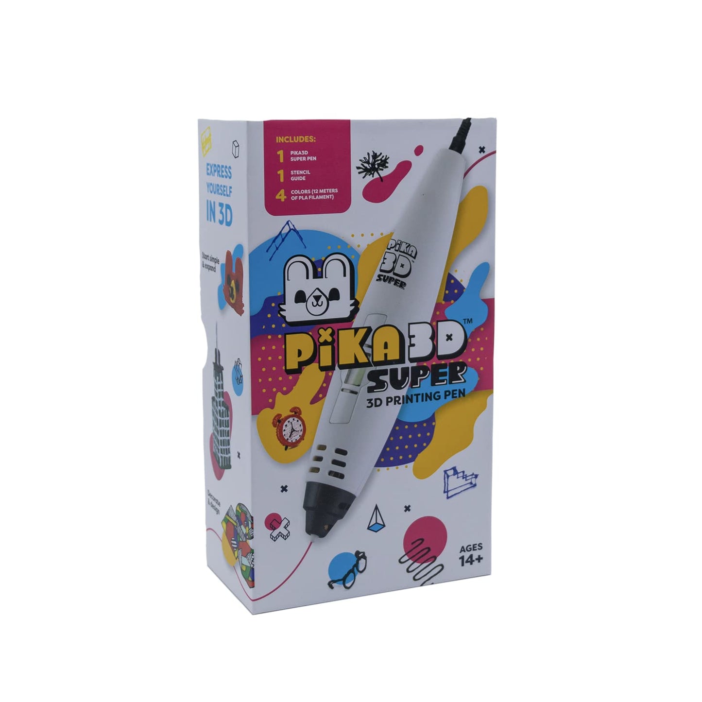PIKA3D Super 3D PRINTING PEN - Includes 3D Pen, 4 Colors of PLA Filament Refill with Stencil Guide and User Manual, White