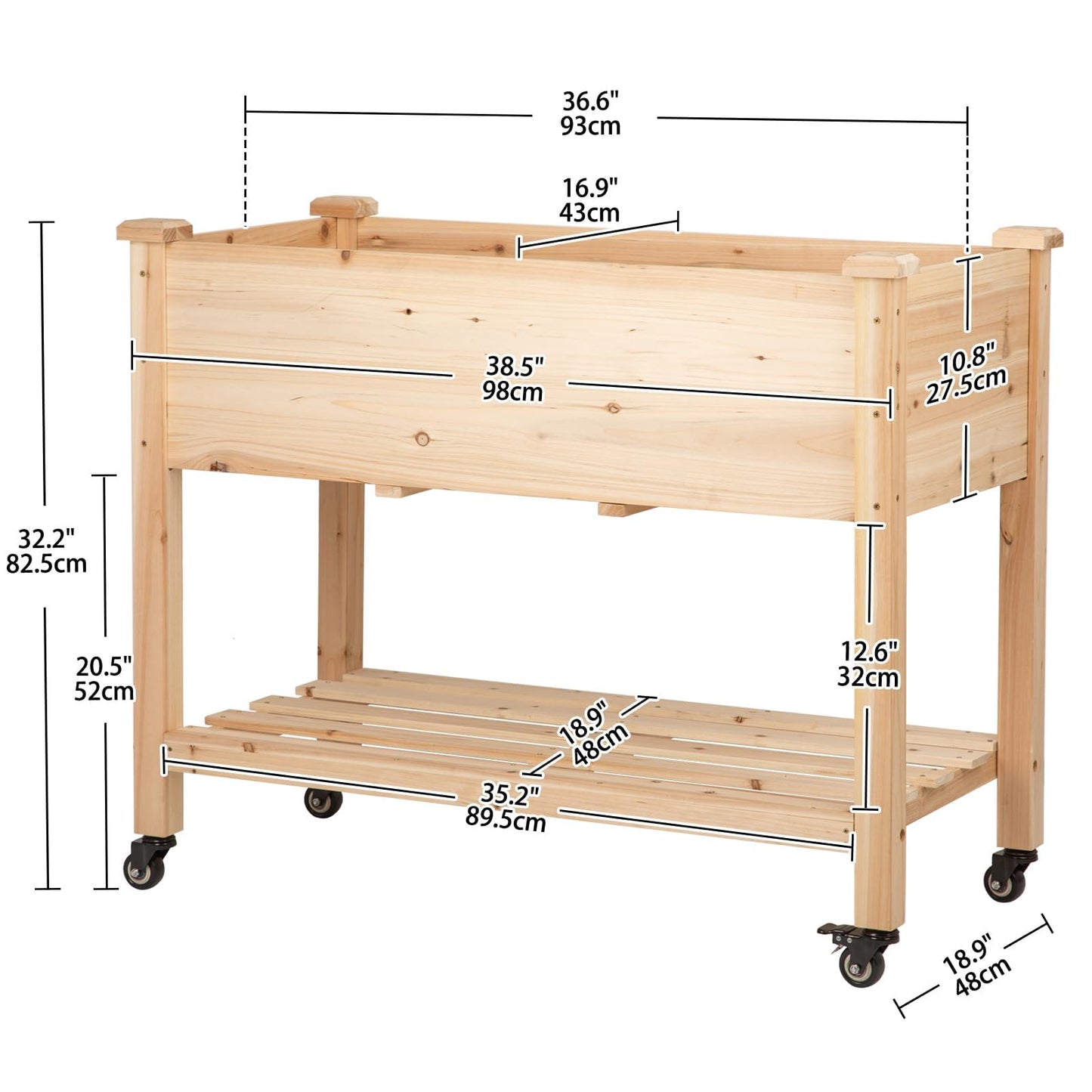 Nature Crafted Raised Garden Bed with Lockable Wheels, 40x24x32 inch Elevated Wood Planter with Storage Shelf Protective Liner for Vegetable Flower Herb Outdoor Balcony Patio Backyard, Natural