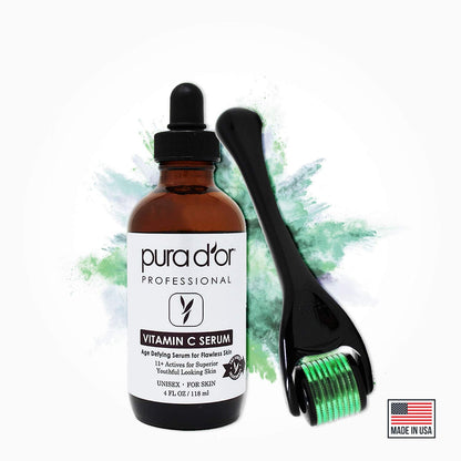 PURA D'OR 25% Vitamin C Serum 4 Oz + 0.25mm Derma Roller Set - Hyaluronic Acid & Retinol Microdermabrasion Skin Care Cosmetic Kit For Face & Eyes, Dark Spots - For Men & Women