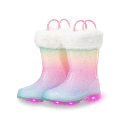 Kids Wellies with Warm Fuzzy Lining, Light Up Glitter Winter Boots, Handle it Easy on Wellington Boots Size 11