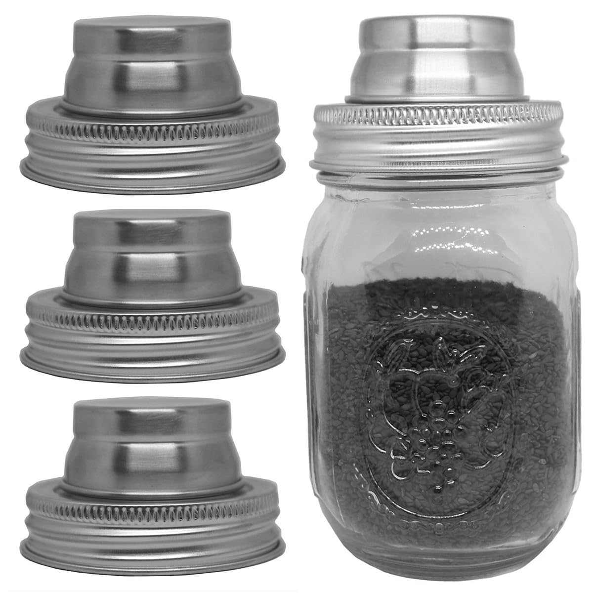 Stainless Steel Mason Jar Shaker Lids with Silicone Seals for Dredge Flour, Mix Spices, Sugar, Salt, Peppers - Fits Regular Mouth Mason Jars (4)