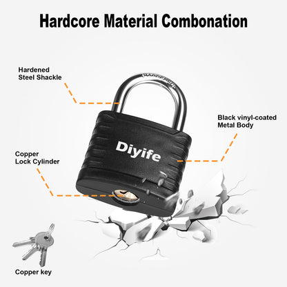 Diyife Padlock with Key, [2 Pack] [3 Keys] Locker Lock with Keys Alike, 5-Pin 41.6mm High Security Keyed Padlock with 1/4 Inch Hardened Steel Shackle, Outdoor Locks for Gym Locker, Fence, Gate, School