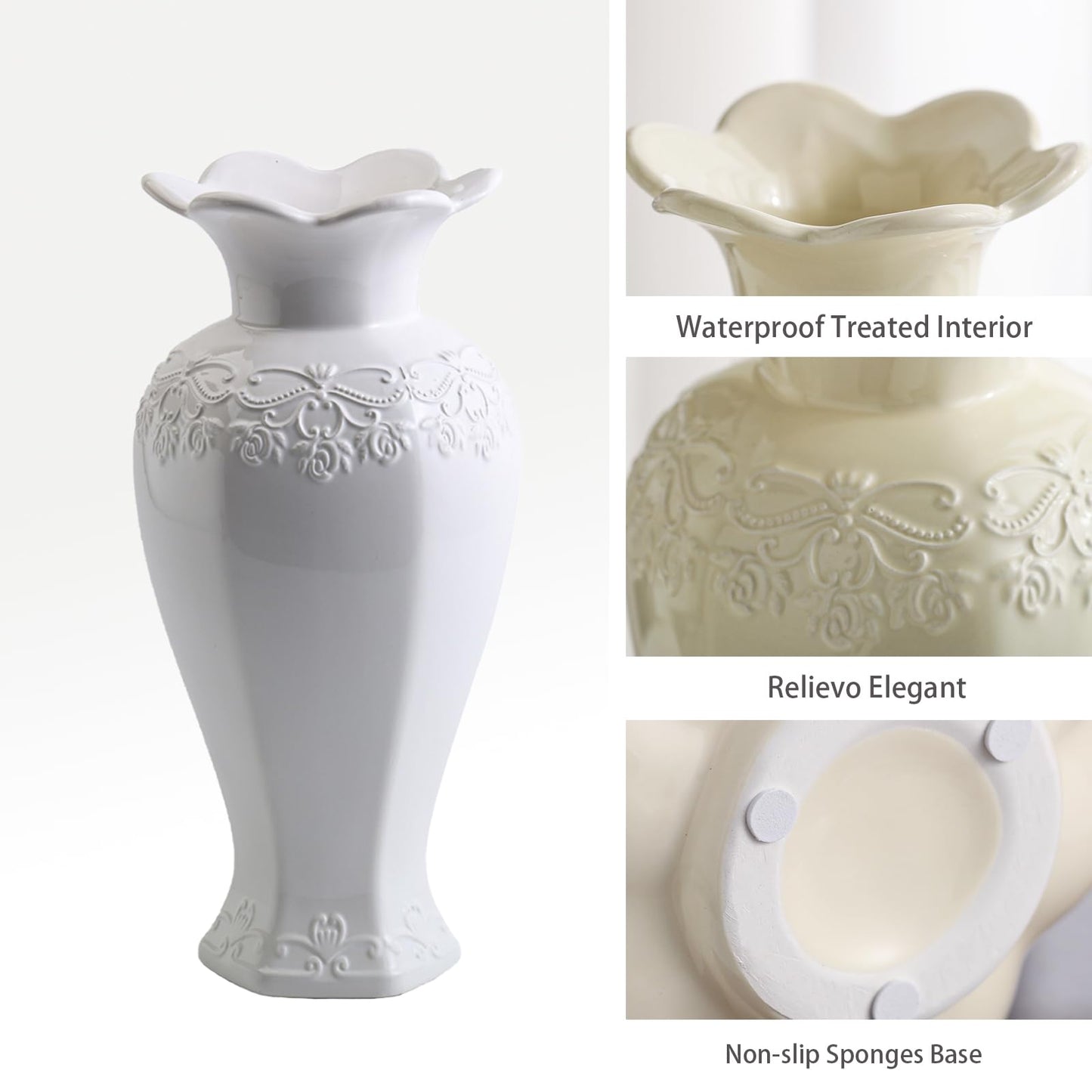 Seasonsplan Relievo Elegant White Cream 8in 11in Ceramic Flower Tall Aesthetic Beige Table Tulip Wide Mouth Rose Filler Decorative Rustic Vase Decor for Home (White Vase, L)
