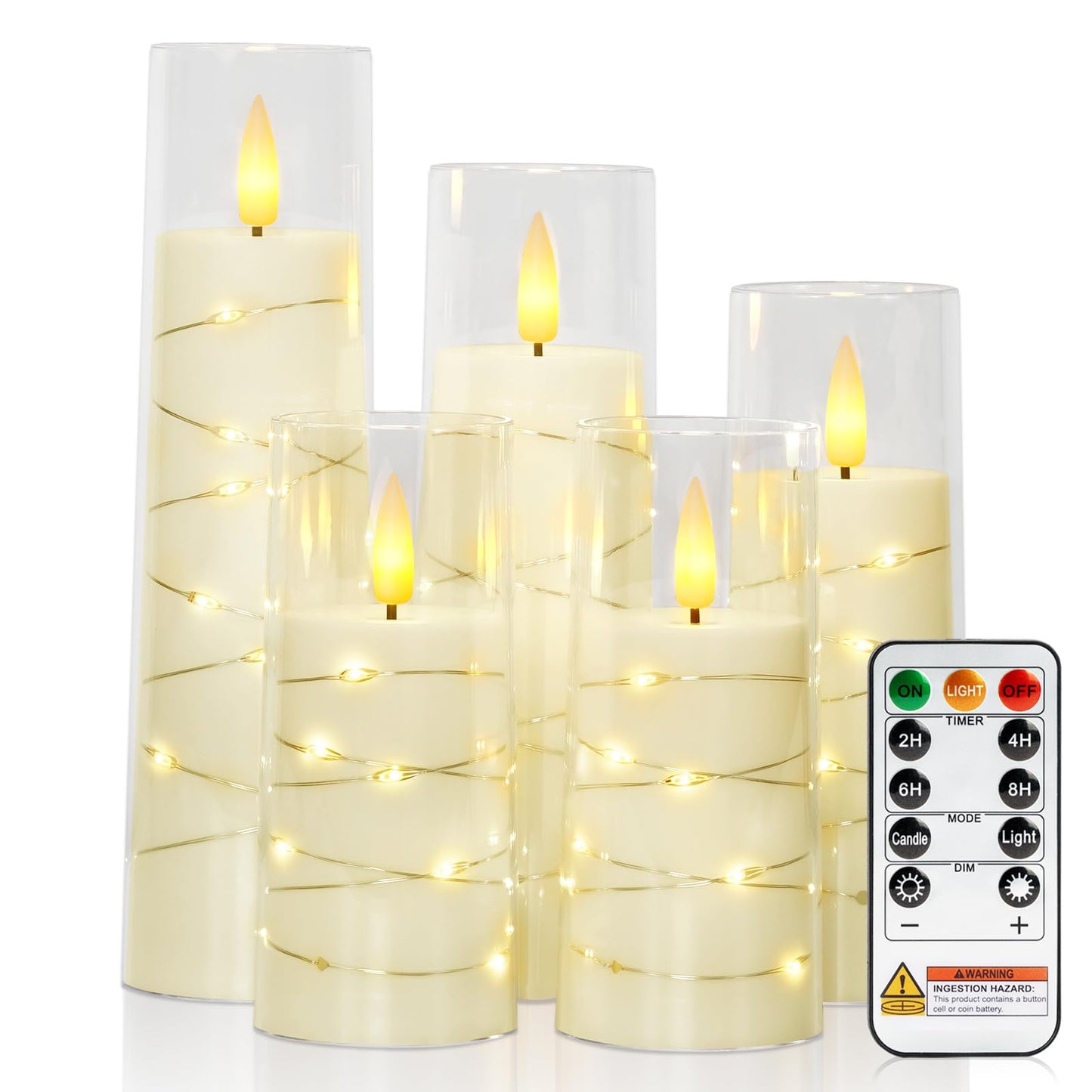 Raycare Flameless Candle with Remote Timer – 5 Flickering Acrylic Battery Operated LED Pillar Candles with Embedded Star String for Halloween, Home Decor, and as a Gift(Ivory)