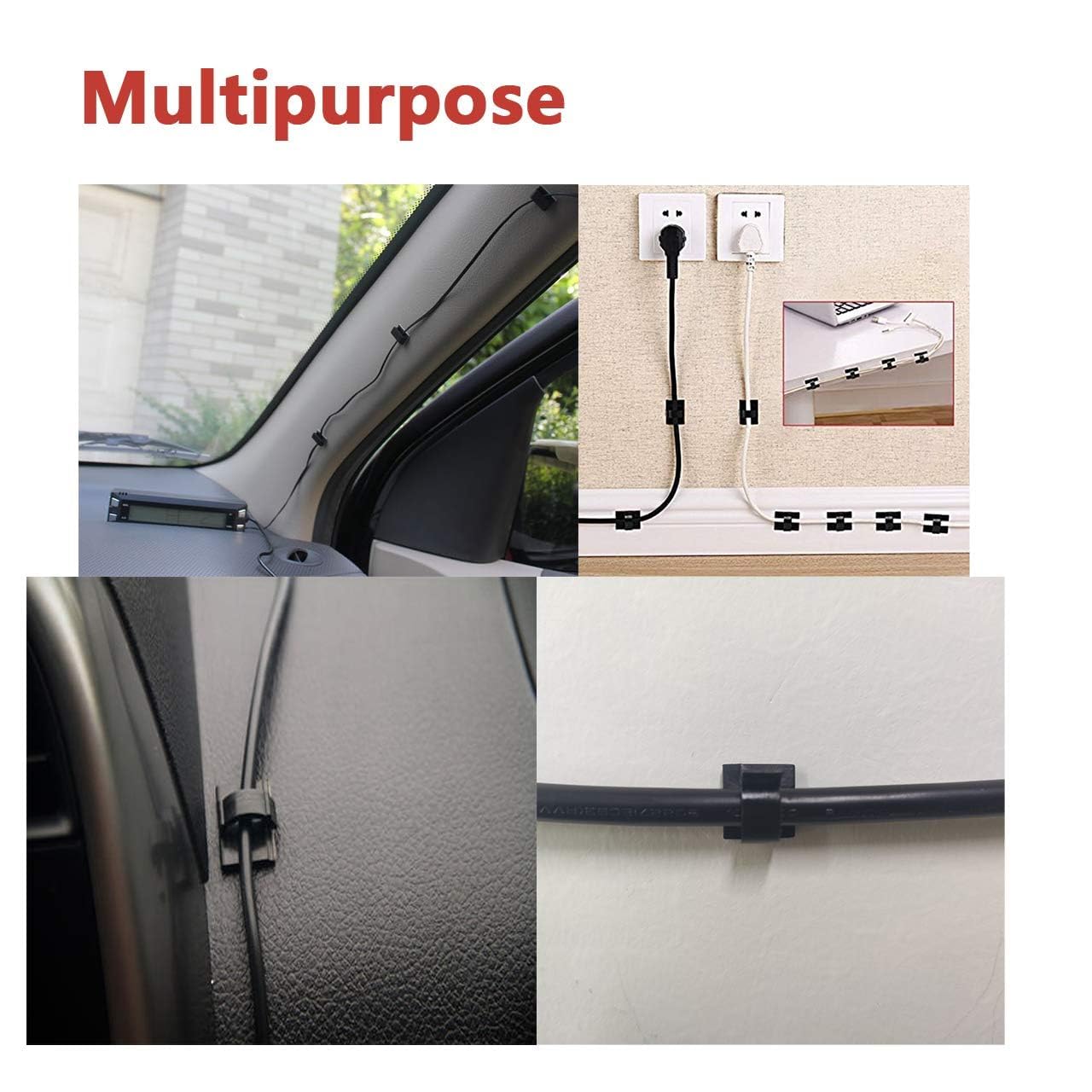 Yocice Cable Clips 40pcs with Strong Adhesive Tapes,Wire Holder Organizer Cord Management for Car, Office and Home (Black- CC05(40PCS))