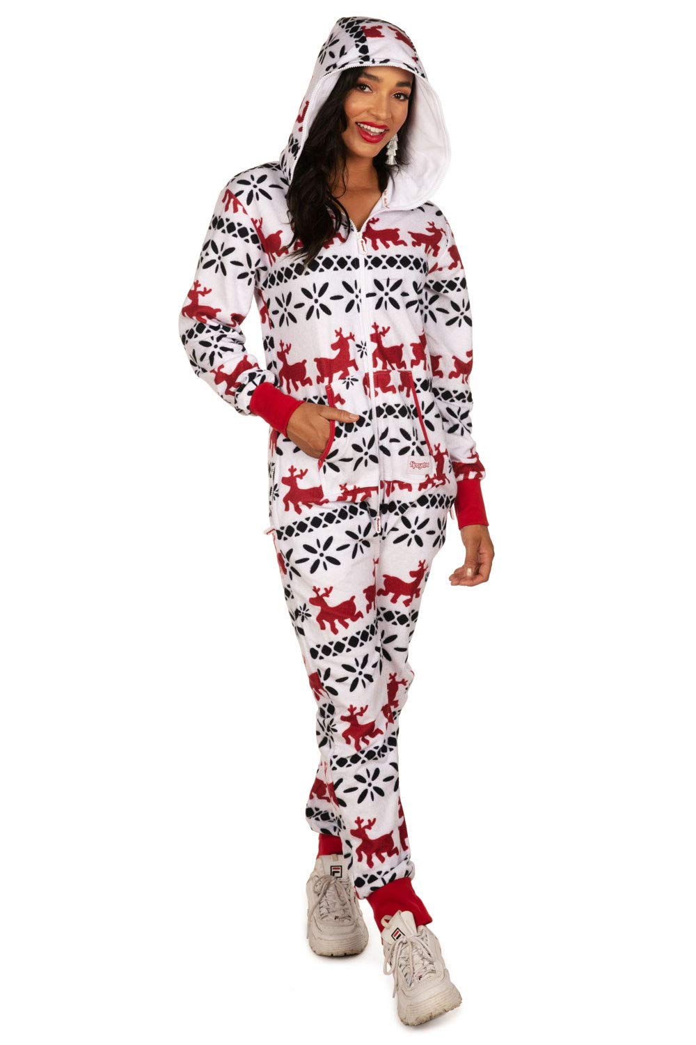 Tipsy Elves Christmas Onesies for Adults - Comfy Unisex Matching Holiday Jumpsuits with Convenient Pockets - White Fair Isle Christmas Jumpsuit Size X-Large