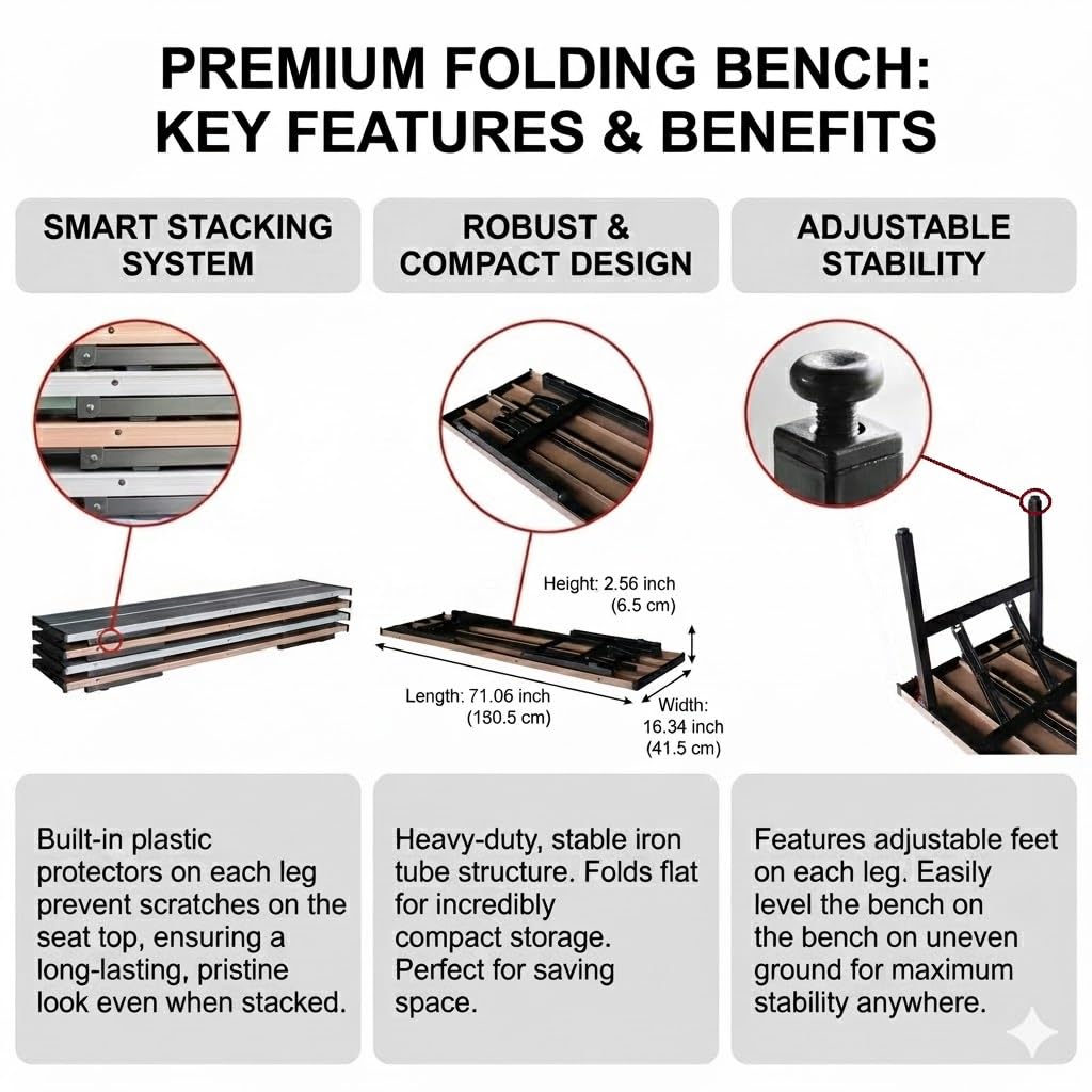 GL GLOBAL LIFE Collapsible Portable Picnic Table Benches, Folding Benches Seat for Outside Seating, Soccer, Sports Team Bench, Beach, Sideline, Camping, Foldable Bench Iron Tubes, Brown-71.06"