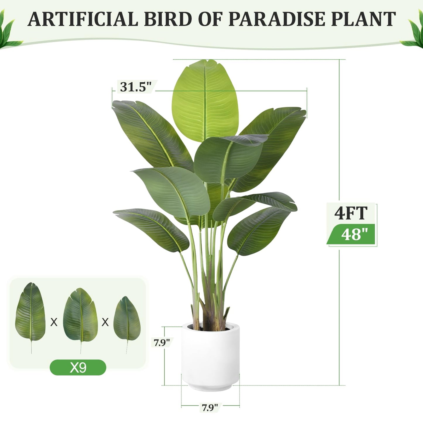 ZEEOZE Artificial Bird of Paradise Plant 4Ft Tall Fake Tropical Palm Tree Large Fake Plants with 9 Silk Banana Leaves Faux Plant Indoor Decor Trees with White Pot for Home Bedroom Living Room Office