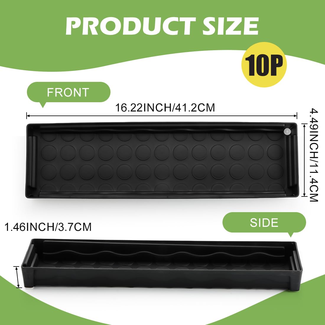 10 Pack Plastic Windowsill Plant Pot Trays (16"x5.5"x1.5"), Rectangular Window Sill Saucer with Removable Drainage Hole, Thick Plant Saucer Tray for 4 inch (10CM) Flower Seedling Pots (Black)
