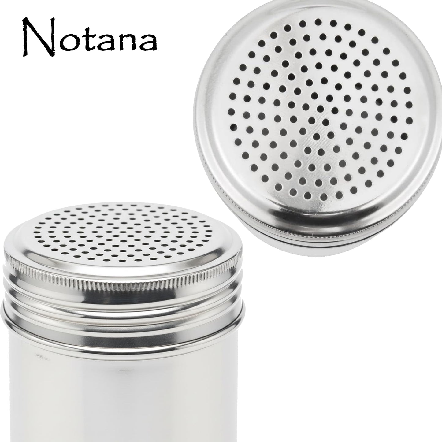 Notana 10 Ounce Stainless Steel Dredge Shaker (2 Pack) for Powder Sugar, Flour Duster for Baking, Seasoning Shaker with Lid, Metal Salt and Pepper Shakers, Cinnamon Sugar Shaker Dispenser for Kitchen
